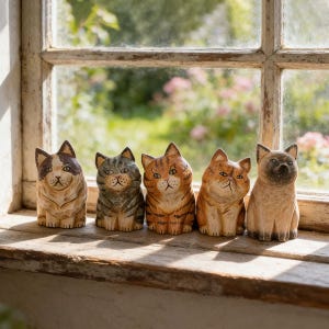 May include: Five wooden cat figurines of varying colors and patterns sit on a windowsill. The cats are hand-carved with detailed features, including whiskers and expressive eyes. The background shows a blurred view of greenery and a window.