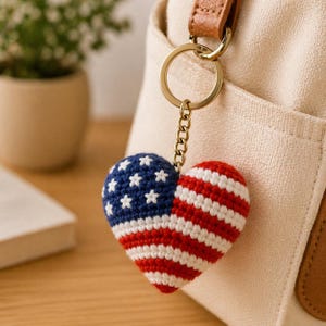 Crochet American Flag Heart Keychain USA Patriotic Amigurumi Handmade Heart Charm Gift Independence Day