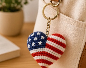 Crochet American Flag Heart Keychain USA Patriotic Amigurumi Handmade Heart Charm Gift Independence Day
