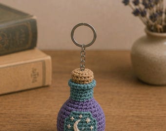 Cute Potion Bottle Crochet Keychain, Handmade Fantasy Bag Charm, Mini Knitted Keyring Gift