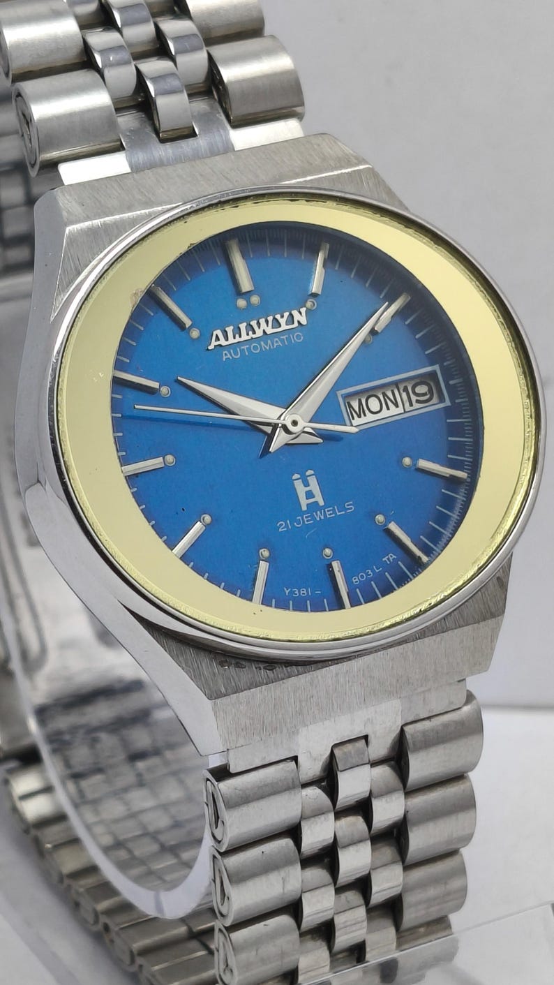 Vintage Allwyn Automatic 21 Jewels Wrist Watch: Blue Dial, Day & Date ...