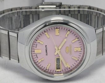 Vintage Seiko 5 Automatic Wrist Watch: Pink Dial, Day & Date, Japan Made