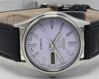 Vintage Seiko 5 Automatic Wrist Watch: Purple Dial, Day & Date, Japan Made