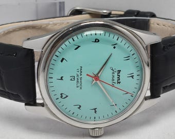 Vintage HMT Janata Turquoise Dial 17 Jewels Hand Winding Arabic Wrist Watch India Made