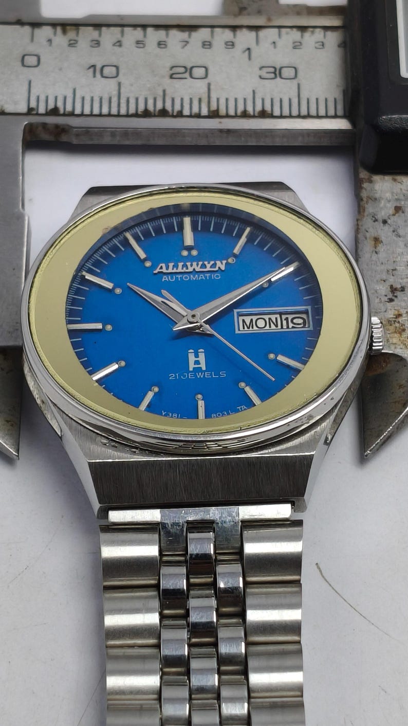 Vintage Allwyn Automatic 21 Jewels Wrist Watch: Blue Dial, Day & Date ...