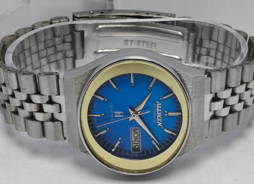 Vintage Allwyn Automatic 21 Jewels Wrist Watch: Blue Dial, Day & Date ...
