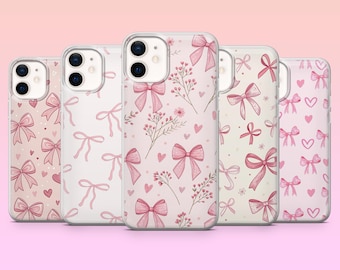 Capa de celular com laço rosa, estilo feminino, para iPhone 17 Pro, 16, 15, 14, 13, 12, Samsung S25, S24, S23Fe, S22, A16, A26, A56, Pixel 10, 9 Pro.