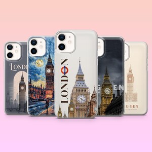 Może przedstawiać: Kolekcja pięciu etui na telefony z kultowymi zabytkami Londynu. Projekty obejmują Big Ben, panoramę Londynu i etui ze słowem "London". Każde etui ma inny kolor tła i wzór.