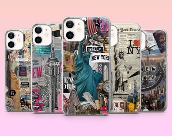 Etui na telefon New York z kolażem USA na iPhone'a 17Pro, 16, 15, 14, 13, 12, Samsunga S25, S24, S23Fe, S22, A16, A26, A56, Pixel 10, 9Pro