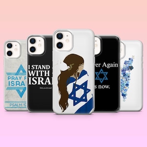 Könnte beinhalten: Eine Auswahl an Handyhüllen mit verschiedenen Designs. Eine Hülle zeigt einen blauen Davidstern und den Text "PRAY FOR ISRA" und "PSALM 12". Eine andere Hülle hat den Text "I STAND WITH ISRAEL". Weitere Hüllen haben Illustrationen und Text.