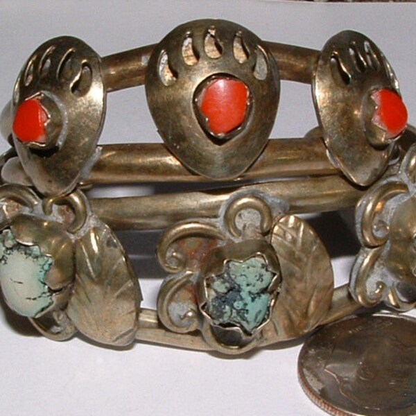 reserved 4 linda------     super rare  2 CHILDS INDIAN MADE bracelets--real turquoise and coral  very old  mexican sterling