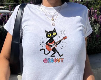 Groovy Cat Baby Tee, Retro 90s Y2K Crop Top, Vintage Aesthetic Black Cat Shirt, Cute Musician Cat Graphic Tee, Coquette Aesthetic Top