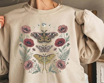 Celestial Sweatshirt - Summer Boho Shirt - Vintage Graphic Print Free Spirit Tee - Botanical Butterfly Moth Mage T-Shirt - Retro