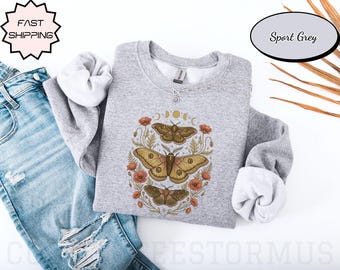 Celestial Sweatshirt - Summer Boho Sweatshirt - Vintage Graphic Print Free Spirit Tee - Botanical Butterfly Moth Mage Shirt - Retro