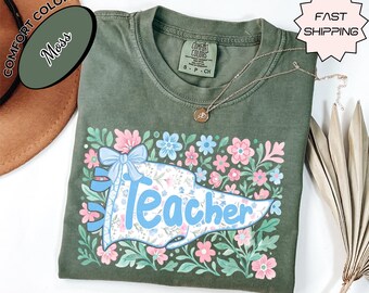 Comfort Colors® Pennant Flag Teacher Floral Shirt, Teacher Shirt, Senior 2027 Pre K Shirt, School Spirit Shirt, Coquette Bow Shirt