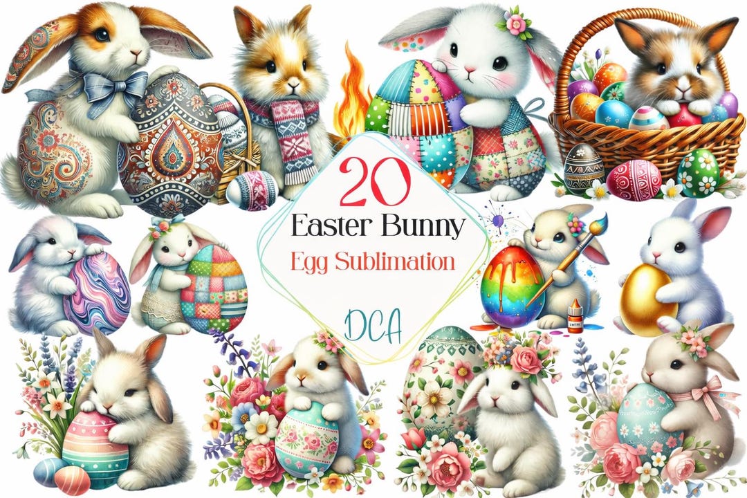 Easter Bunny Egg Sublimation Bundle | 20 Cute Rabbits PNG | Easter ...