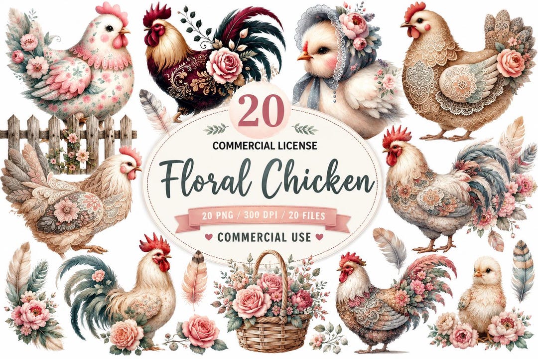 Floral Chicken Clipart Bundle, Watercolor Farmhouse Chicken PNG ...