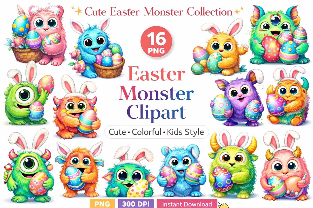16 Easter Monster Clipart PNG, Cute Monster Clipart Bundle, Colorful ...