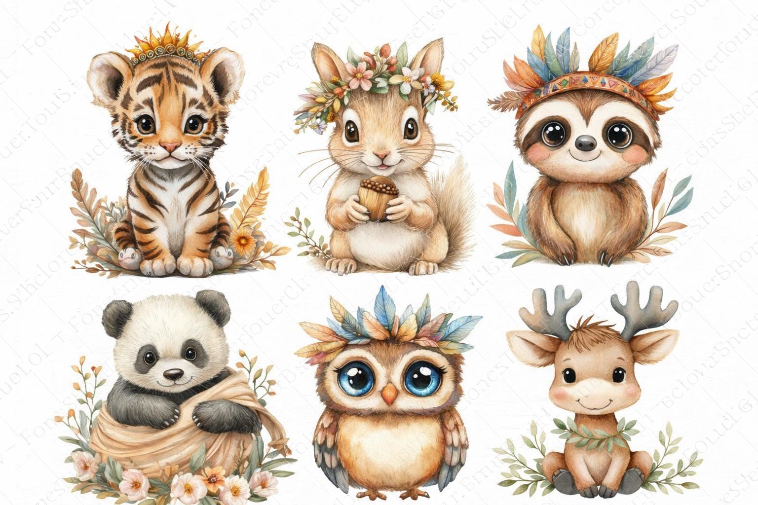 29 Boho Baby Animals Clipart PNG, Watercolor Woodland Animals, Nursery ...