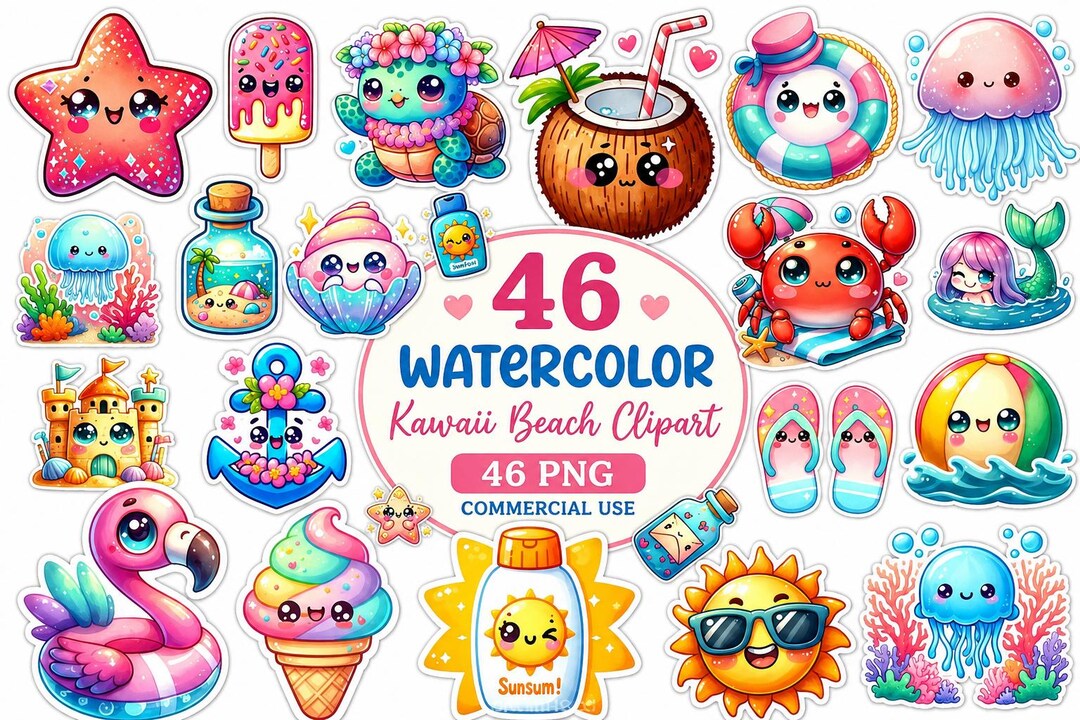 Kawaii Beach Clipart Bundle PNG, Summer Vacation Clipart, Cute Ocean ...