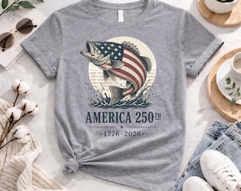 Amerika 250 Angeln Shirt, Vaterländisches Bass Fischen T-Shirt, USA Flagge Fisch Grafik T-Shirt, Amerika 250. Jahrestag Shirt