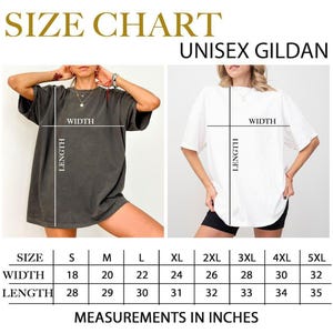 May include: Size chart for Unisex Gildan t-shirts. The chart shows width and length measurements in inches for sizes S through 5XL. The width measurements range from 18 to 32 inches, and the length measurements range from 28 to 35 inches.