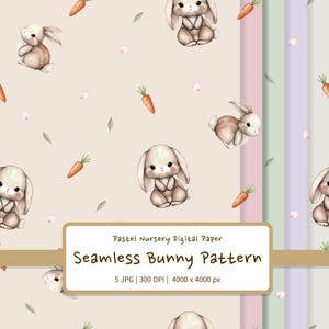 Peut inclure: Un motif sans couture avec des illustrations à l'aquarelle de lapins, de carottes et de feuilles sur un fond beige clair. Les lapins sont dans différentes poses, avec des accents de fleurs roses. Le texte indique "Pastel Nursery Digital Paper Seamless Bunny Pattern".