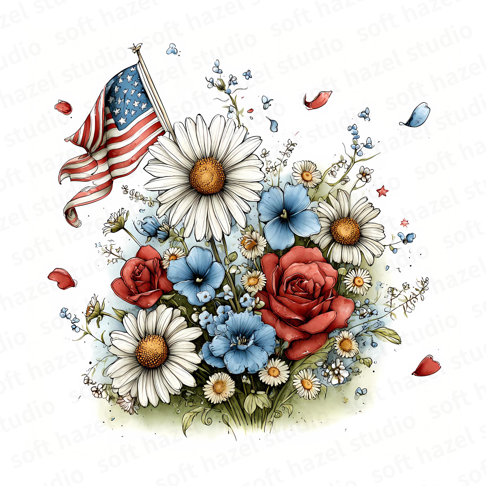 18 JPG 4th of July Flower Clipart Patriotic Watercolor Flowers Red ...