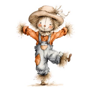 Puede incluir: Una ilustración en acuarela de un espantapájaros con sombrero color canela, camisa naranja de manga larga y peto de mezclilla azul claro con parches. El espantapájaros tiene cabello y puños de paja, cara cosida y una pierna levantada.