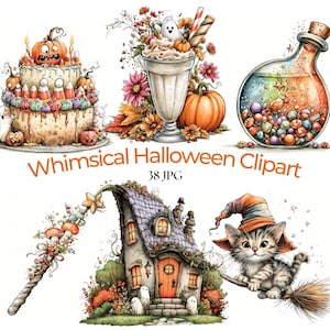 May include: A collection of Halloween-themed digital illustrations featuring a tiered cake with candy corn, a milkshake with a ghost, a potion bottle filled with colorful candies, a floral wand, a cottage, and a kitten wearing a hat on a broom.