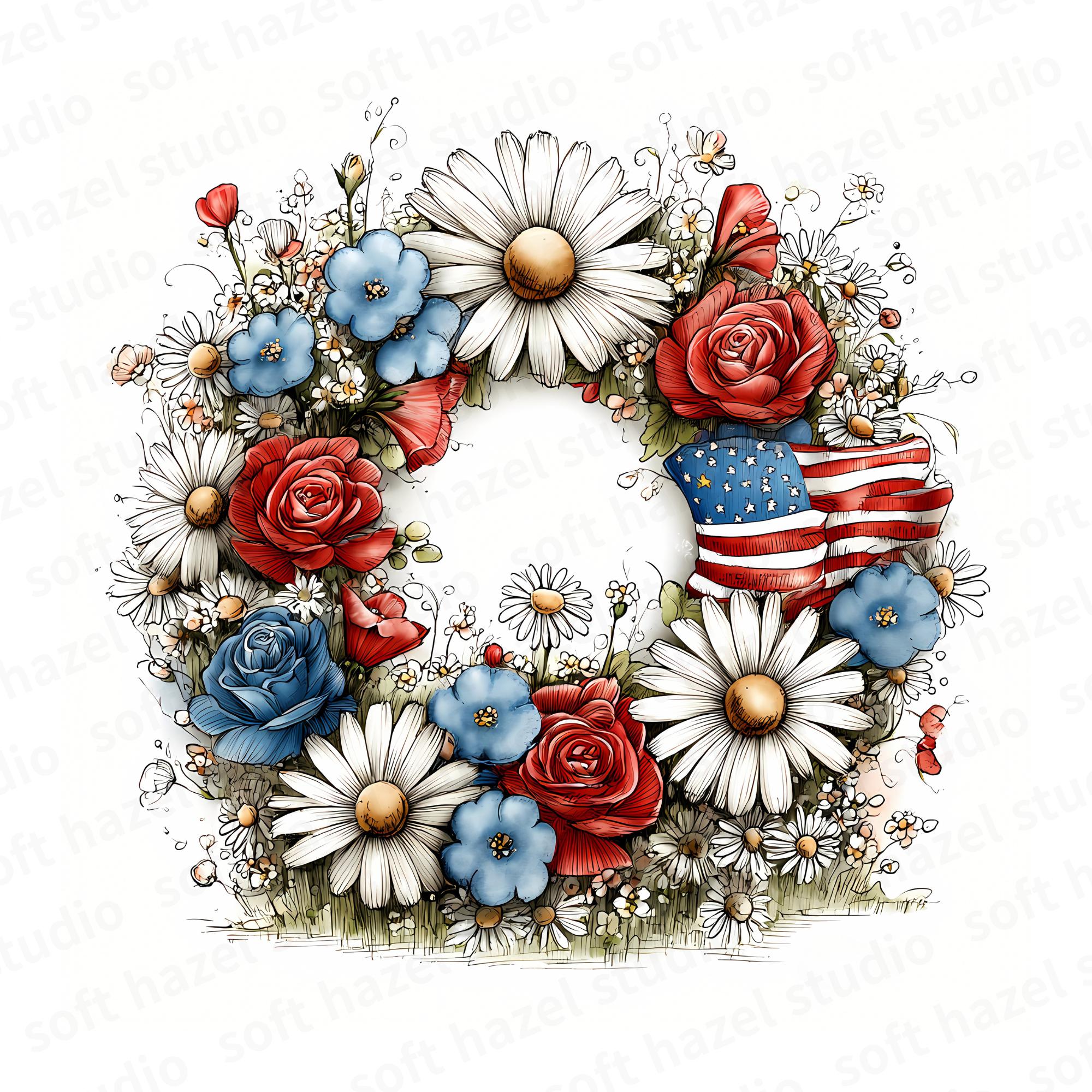 18 JPG 4th of July Flower Clipart Patriotic Watercolor Flowers Red ...