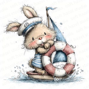 Pode incluir: Uma ilustração em aquarela de um coelho fofo com uma roupa de marinheiro, navegando em um pequeno barco. O coelho usa uma camisa listrada azul e branca e um chapéu de marinheiro. Um salva-vidas vermelho e branco está ao redor do coelho. O barco tem uma vela azul.
