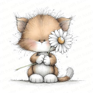 以下が含まれることがあります： デイジーを持っている子猫のイラスト。子猫は茶色と白の毛並みで、可愛らしい表情をしています。デイジーは白い花びらと黄色の中心部を持っています。柔らかい水彩画風のイラストです。