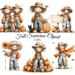 Puede incluir: Una colección de ilustraciones digitales que muestran espantapájaros con sombreros de paja, camisas naranjas y petos de mezclilla azul con parches. Los personajes aparecen con calabazas, un gato negro, un girasol y un letrero de madera. El texto dice Fall Scarecrow Clipart 37 JPG.