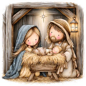 May include: A cartoon-style nativity scene illustration featuring a figure with long blonde hair in a blue cloak and a bearded figure in a tan robe kneeling beside a wooden manger filled with hay, where a small infant lies under a bright star.