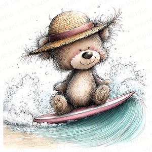 Puede incluir: Ilustración en acuarela de un oso de peluche surfeando sobre una tabla rosa y blanca. El oso lleva un sombrero de paja con una cinta rosa y cabalga una ola con espuma blanca. El fondo muestra una playa y el océano.