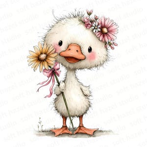 Puede incluir: Una encantadora ilustración de un patito con plumas blancas, mejillas rosadas y un pico naranja. El patito lleva una corona floral y sostiene una flor amarilla con una cinta rosa. La obra de arte tiene un estilo suave de acuarela.