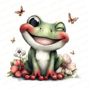 May include: A whimsical illustration of a smiling frog with large eyes, rosy cheeks, and red feet. The frog is surrounded by pink and red flowers, with three orange butterflies fluttering around. The artwork has a soft, watercolor style.