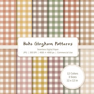 May include: A digital paper image featuring various gingham patterns in a palette of earthy tones. The image includes text that reads "Boho Gingham Patterns" and details about the paper's specifications, including size and resolution. The image shows 12 colors and 3 sizes.