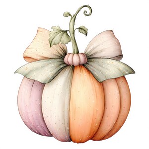 May include: A watercolour illustration of a pumpkin in pastel shades. The pumpkin is segmented into pink, cream, and orange panels. A large bow in green and peach tones sits above, with a green stem and leaves.