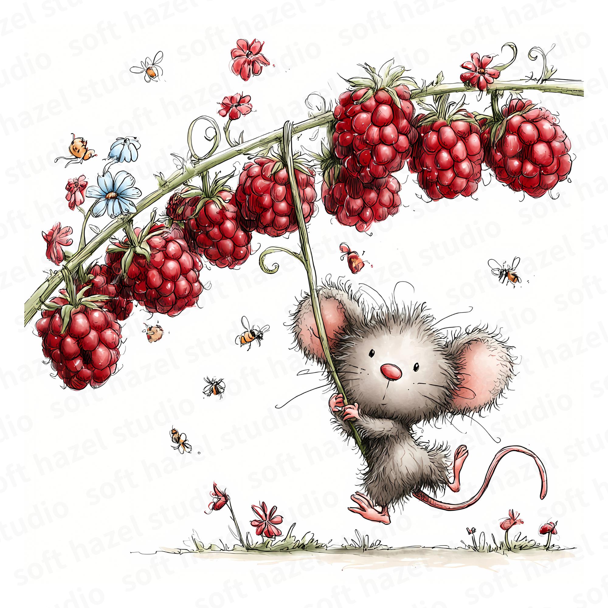17 JPG Raspberry Mouse Clipart Watercolor Mouse Illustration Cute ...