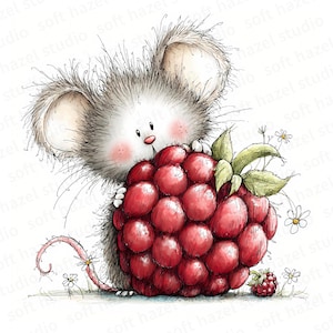 Puede incluir: Una ilustración caprichosa de un ratón gris con orejas grandes, sosteniendo una gran frambuesa roja madura. El ratón tiene una nariz y mejillas rosadas. También hay pequeñas margaritas blancas y una frambuesa más pequeña.
