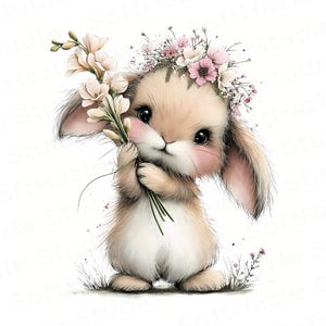 May include: An adorable illustration of a bunny with soft brown fur, holding a bouquet of cream-coloured flowers. The bunny wears a floral crown of pink and white blossoms. The artwork has a watercolour style with a white background.