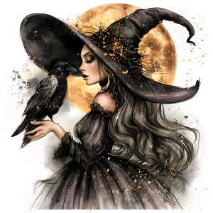 May include: A digital illustration of a figure wearing a wide-brimmed black witch hat and a dark off-the-shoulder dress, holding a black raven. The background features a large, glowing golden full moon with scattered gold and black paint splatters.