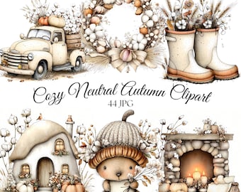 Paquete de imágenes prediseñadas JPG de otoño acogedoras y neutras en acuarela, calabaza blanca, decoración otoñal estilo cottagecore beige, descarga digital para uso comercial.