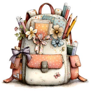 Könnte beinhalten: Ein cremefarbener Rucksack mit pfirsichfarbenen, gepunkteten Taschen, verziert mit mehreren Schleifen, Blumen und einem kleinen Schmetterling. Die Tasche ist mit verschiedenen Notizbüchern, Stiften und Bleistiften gefüllt.