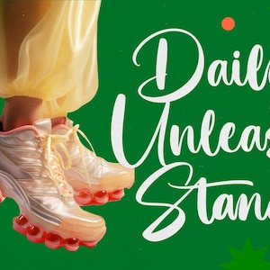 Puede incluir: Zapatillas deportivas futuristas con una parte superior transparente y una suela con burbujas en tonos rosa y naranja. Sobre un fondo verde, el texto "Daily Unleash Stand" está escrito en blanco. También se puede leer "Never Stop Moving".