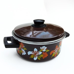 Op de afbeelding: Een bruine emaille kookpot met bijpassende deksel en zwarte handvatten. De pot is versierd met een bloemenpatroon in oranje, wit en blauw. De pot heeft een diameter van ongeveer 20 cm.