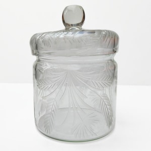 Puede incluir: Un frasco de vidrio transparente con tapa a juego que presenta un asa de pomo redondeado. La superficie exterior del frasco y la tapa están decoradas con patrones grabados de hojas tipo palma que irradian hacia afuera.