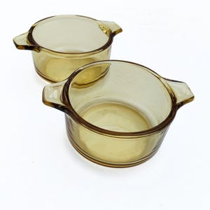 Vintage jaren 70 amberkleurige rookglazen schalen - Stapelbaar - Mexico - Dynaware Pyr-O-Rey (paar)